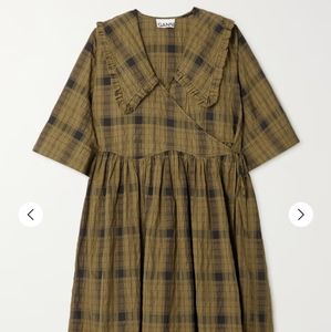 Ruffled checked organic cotton-blend seersucker wrap dress with Peter pan collar